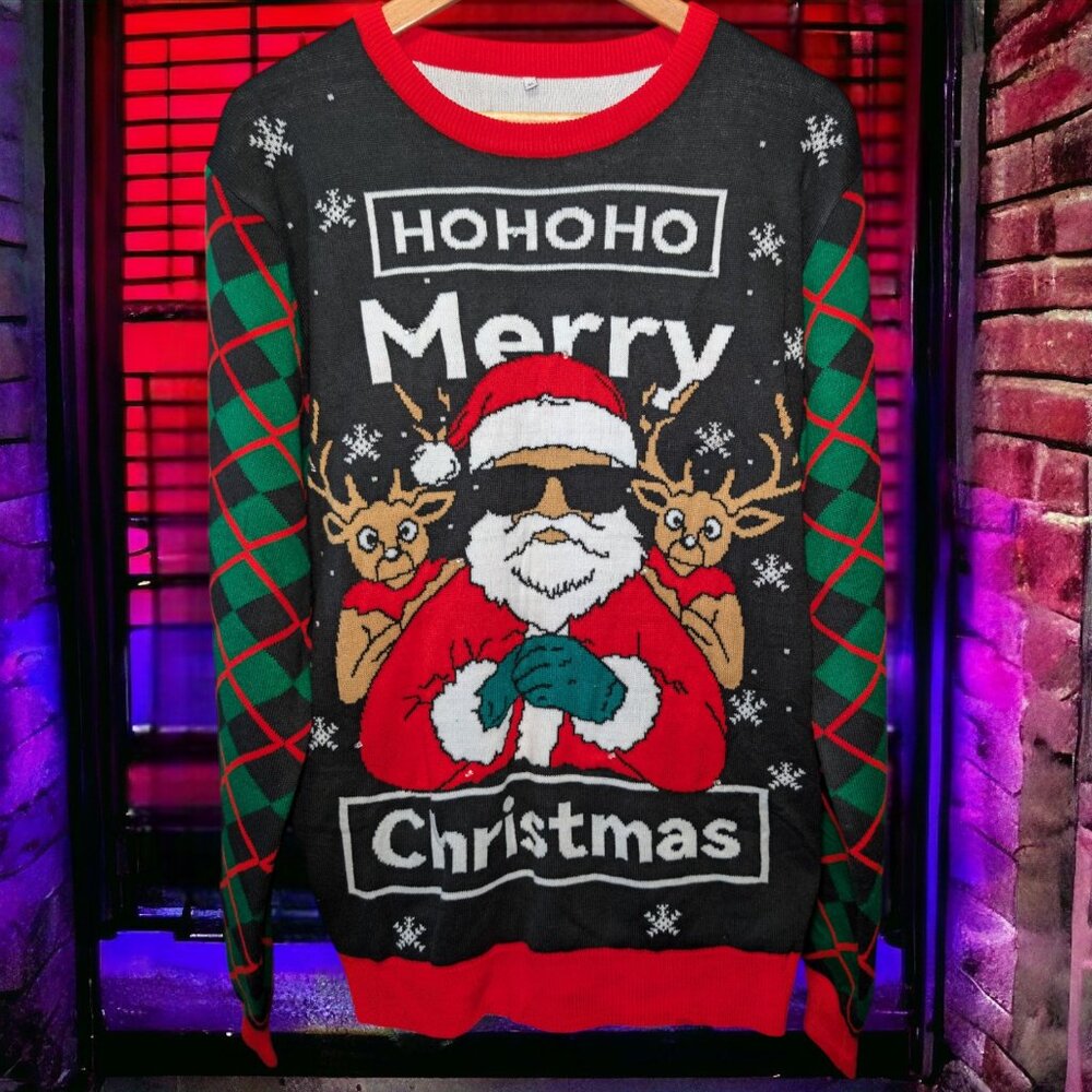 Ho-Ho-Ho Merry Christmas Cool Guy Santa And Reindeer Ugly X-Mas Sweater, X-Large